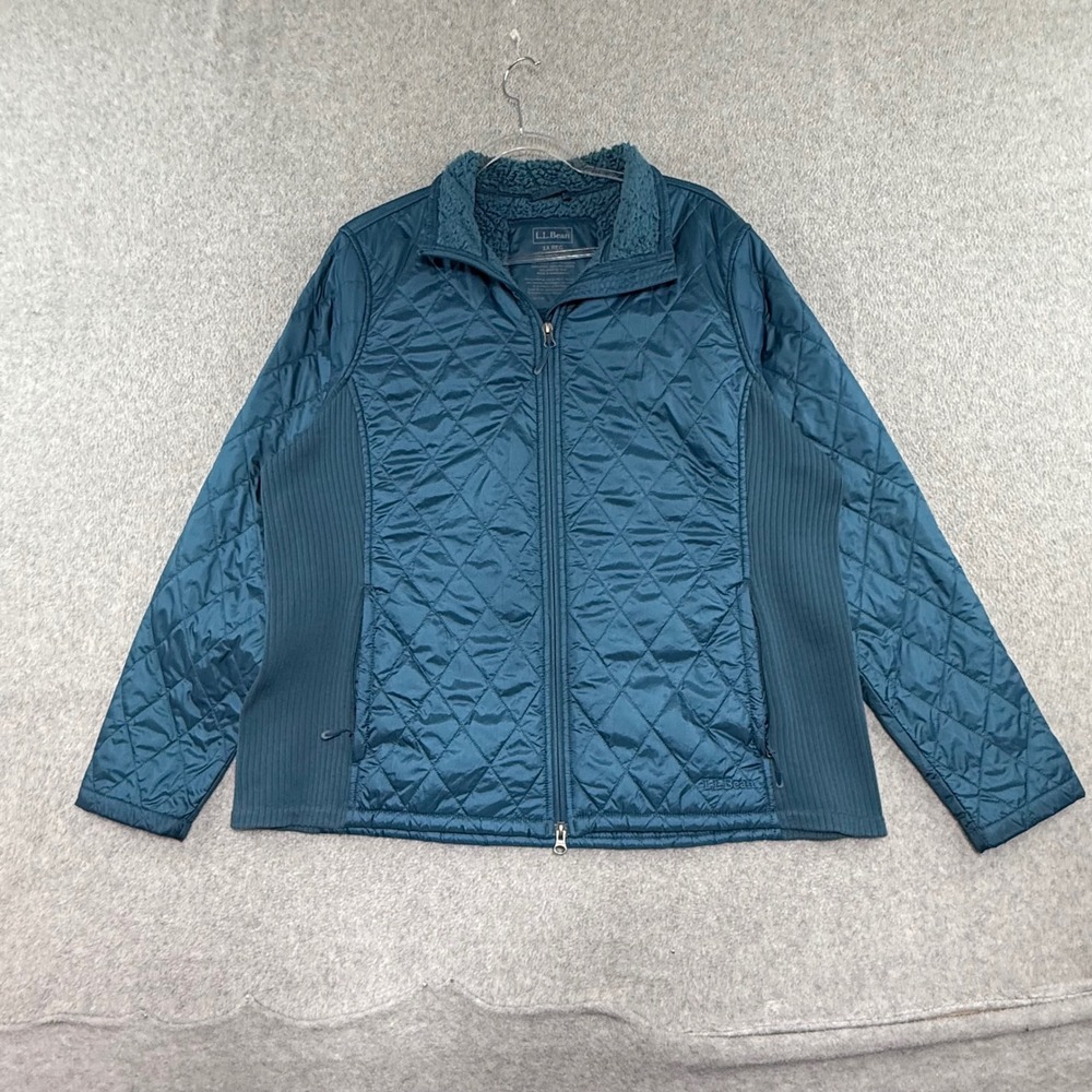 LL Bean Quilted Jacket Womens 1X Teal Blue Full Zip Ribbed Side Panels 295900